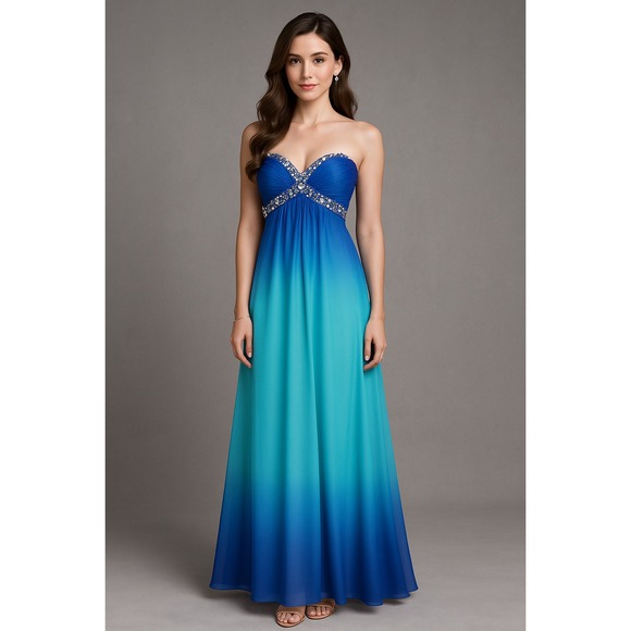 Vintage Deb Prom Dress Womens 4 Y2K Blue Ombre Y2K Embellished Glam Gown Elegant - Picture 1 of 16